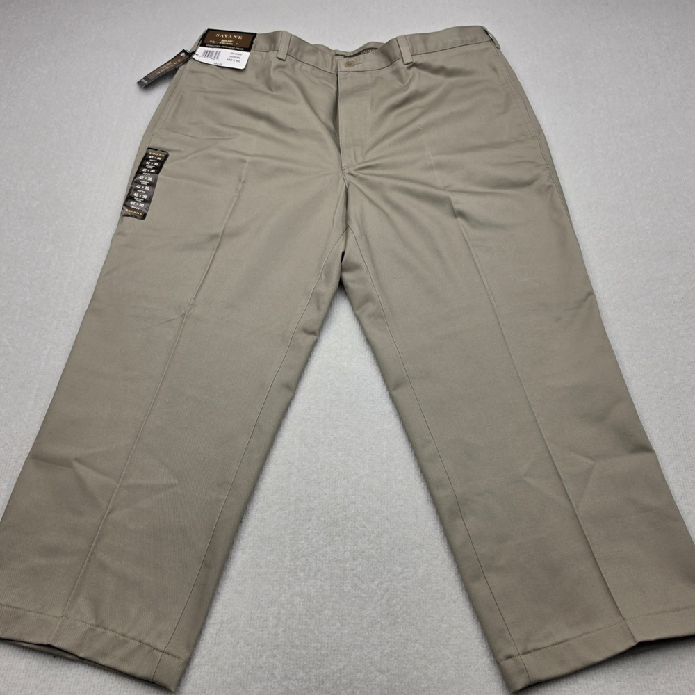 Savane Dress Pants Men 42x26 Khaki Deep Dye Wrinkle Free Flat Front Trousers